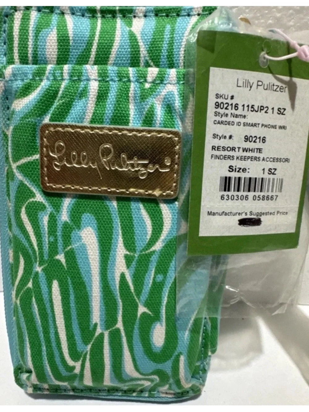 Lilly Pulitzer Wristlet Zip-Around Wallet Abstract Pattern Green Blue White Pink